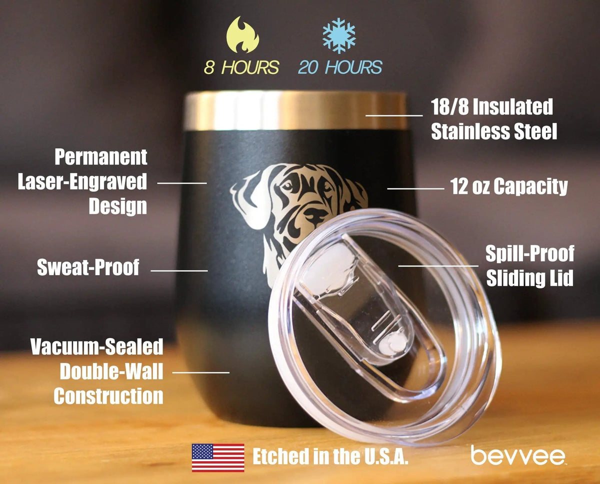 Insulated Stemless Wine Tumbler | 12 oz Stainless Steel | Sliding Lid | Great Dane Face