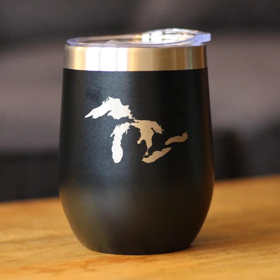 Insulated Stemless Wine Tumbler | 12 oz Stainless Steel | Sliding Lid | Great Lakes Map