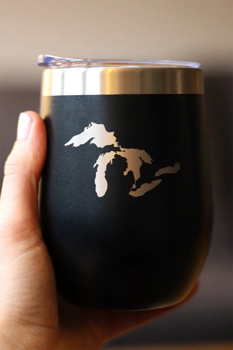 Insulated Stemless Wine Tumbler | 12 oz Stainless Steel | Sliding Lid | Great Lakes Map