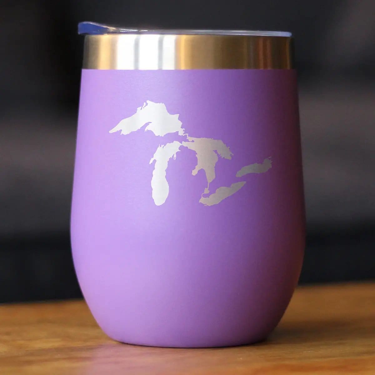 Insulated Stemless Wine Tumbler | 12 oz Stainless Steel | Sliding Lid | Great Lakes Map