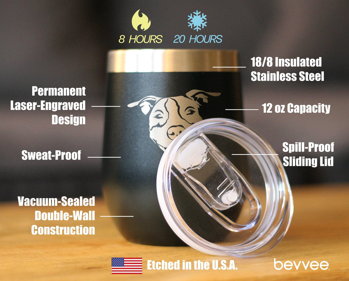 Insulated Stemless Wine Tumbler | 12 oz Stainless Steel | Sliding Lid | Happy Pitbull