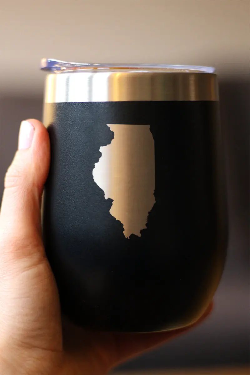 Illinois State Outline Wine Tumbler | 12 Oz | Double Wall Stainless Steel | Sliding Lid