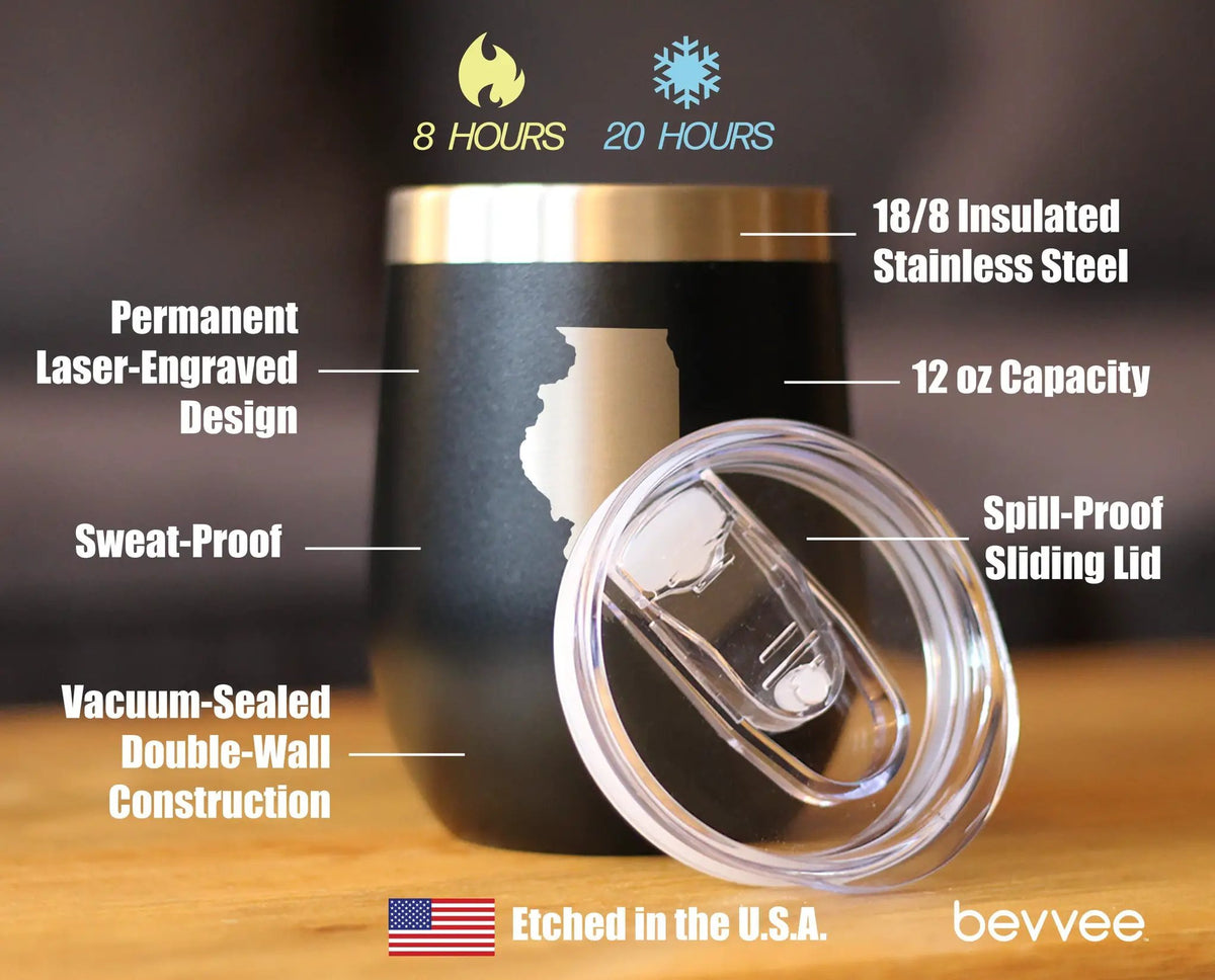 Illinois State Outline Wine Tumbler | 12 Oz | Double Wall Stainless Steel | Sliding Lid
