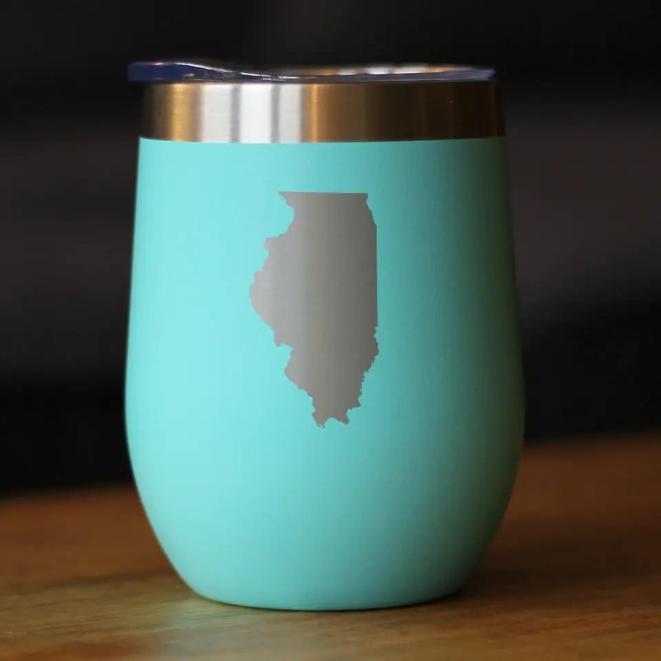 Illinois State Outline Wine Tumbler | 12 Oz | Double Wall Stainless Steel | Sliding Lid