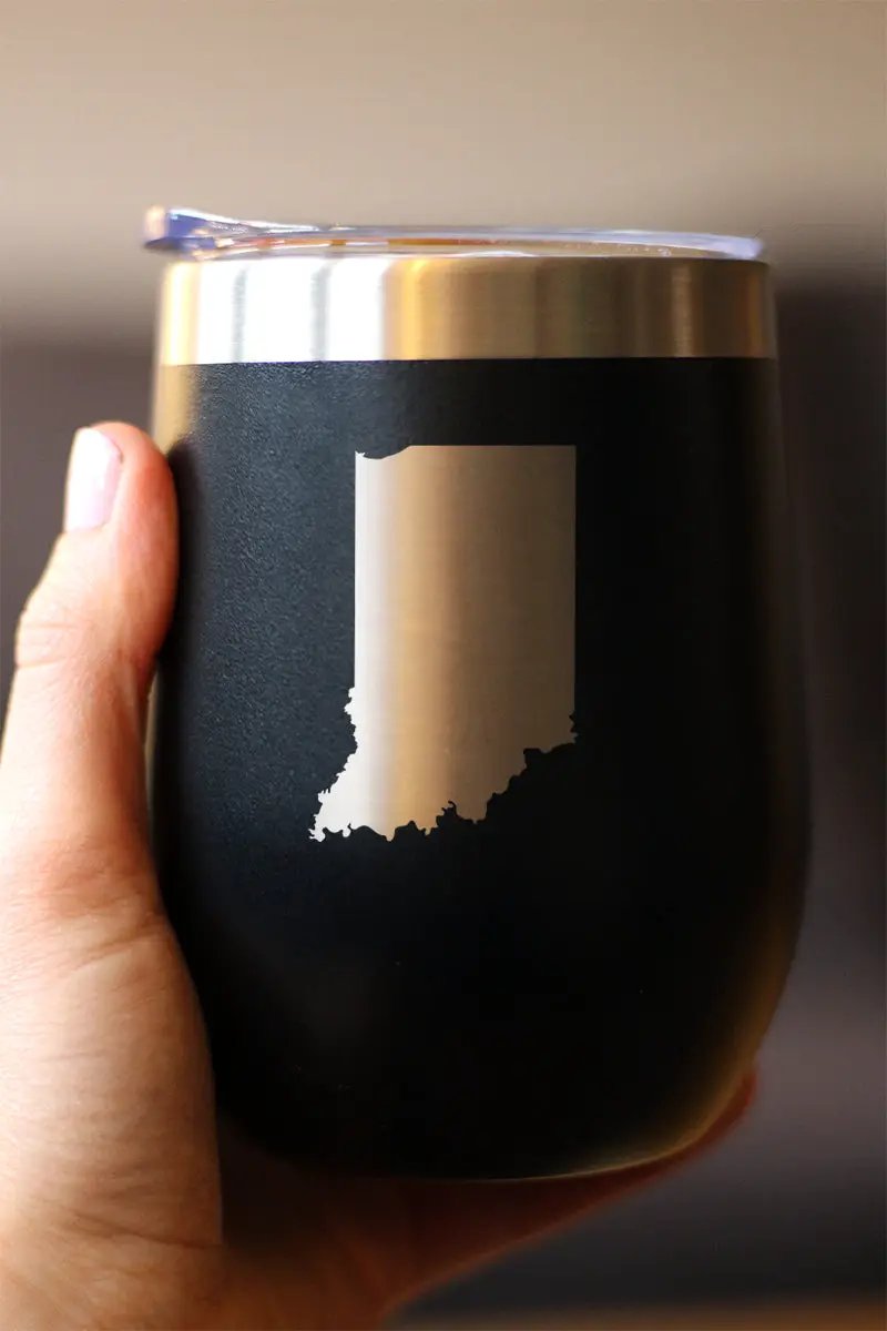 Indiana State Outline Wine Tumbler | 12 Oz | Double Wall Stainless Steel | Sliding Lid