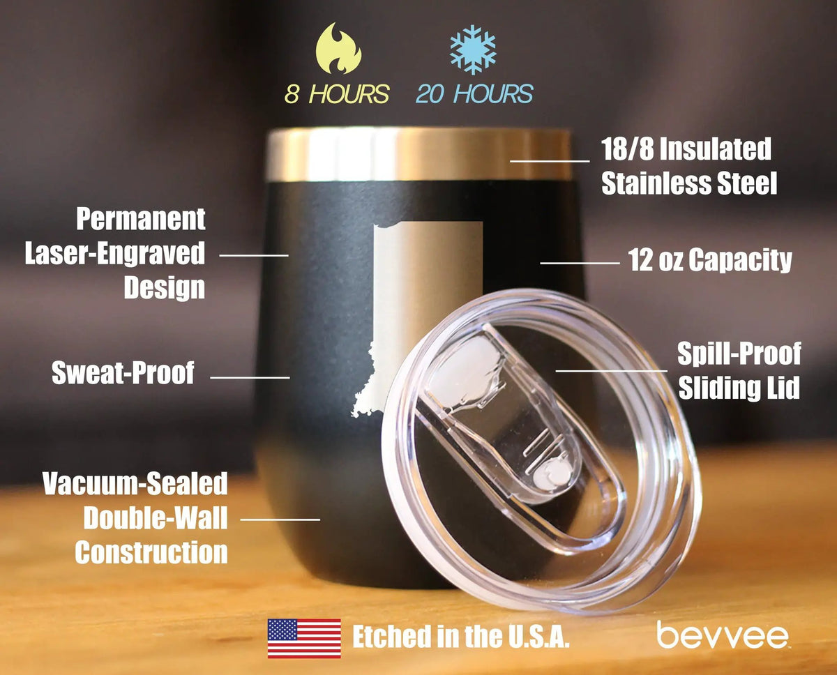 Indiana State Outline Wine Tumbler | 12 Oz | Double Wall Stainless Steel | Sliding Lid