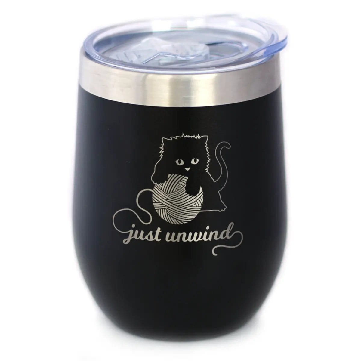 Insulated Stemless Wine Tumbler | 12 oz Stainless Steel | Sliding Lid | Just Unwind - Cat