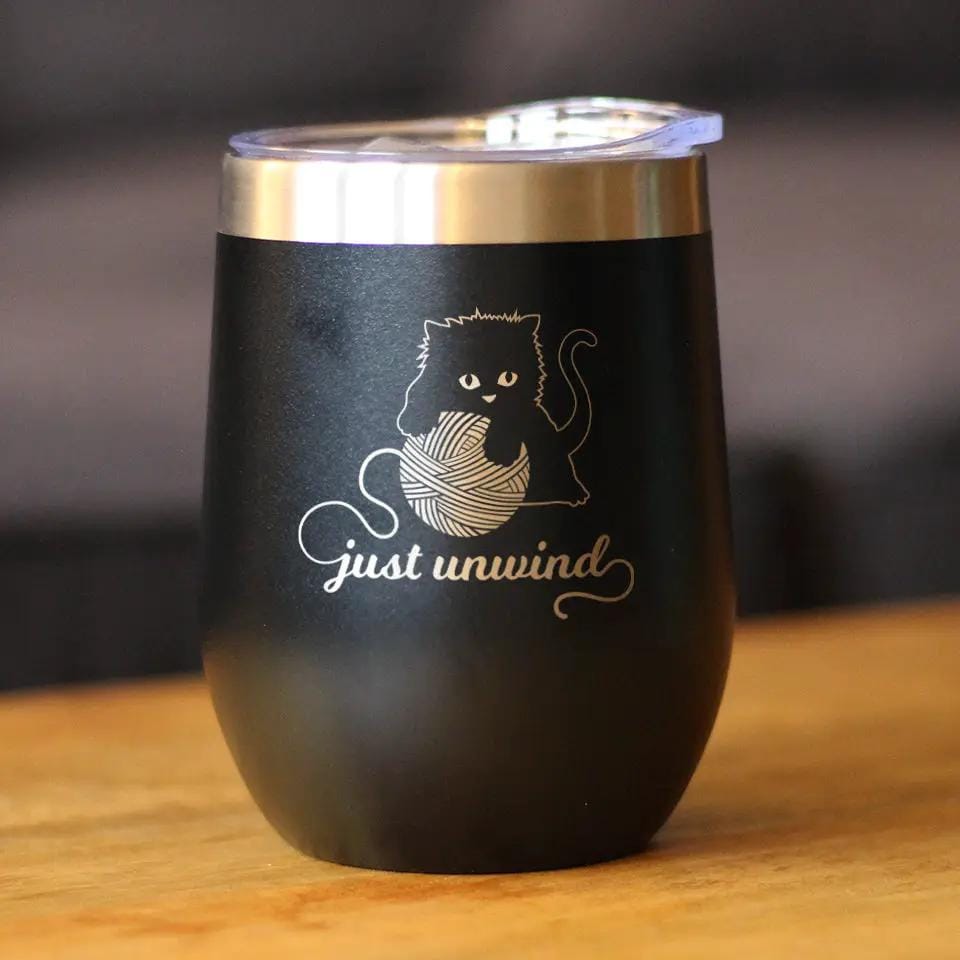 Insulated Stemless Wine Tumbler | 12 oz Stainless Steel | Sliding Lid | Just Unwind - Cat