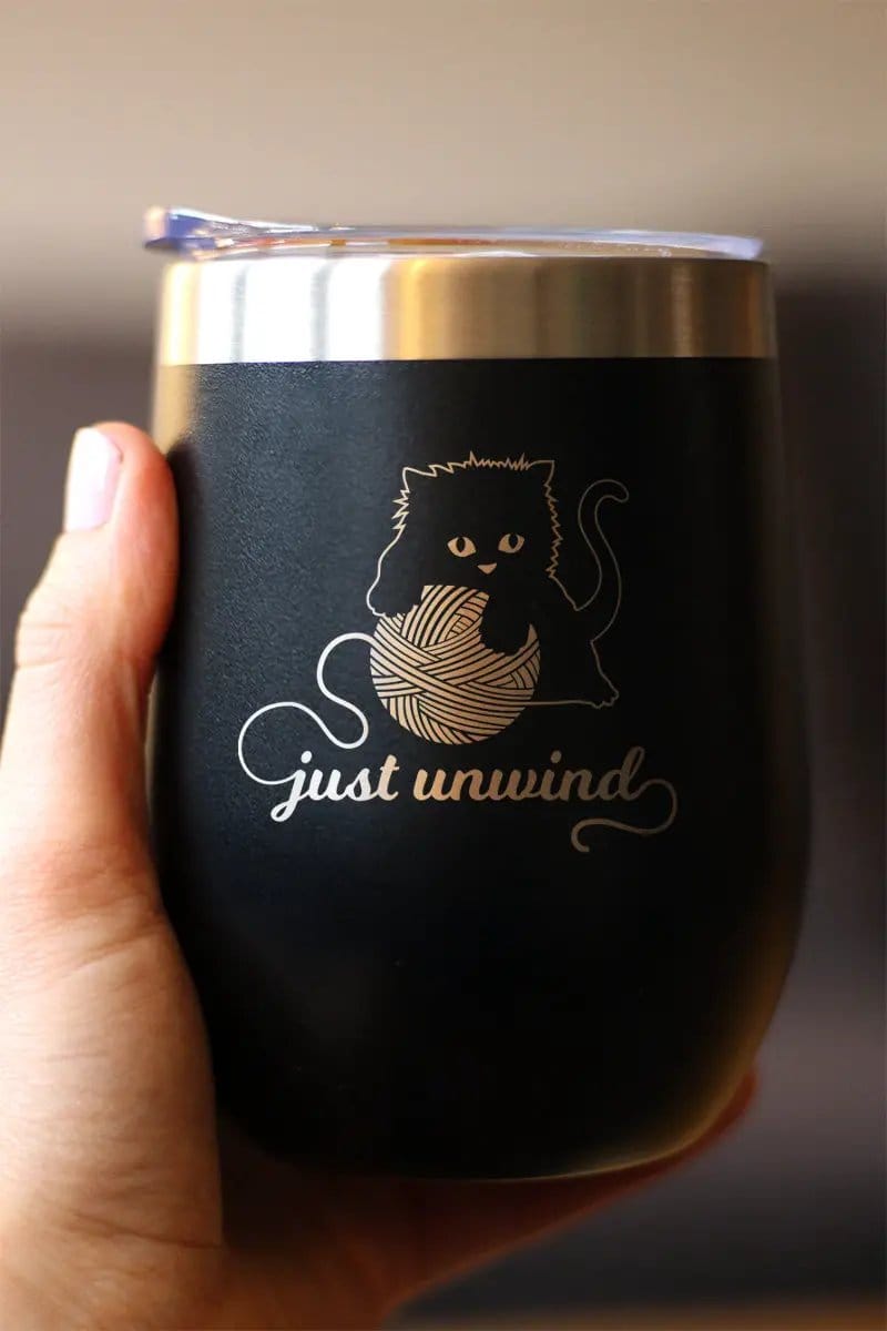 Insulated Stemless Wine Tumbler | 12 oz Stainless Steel | Sliding Lid | Just Unwind - Cat