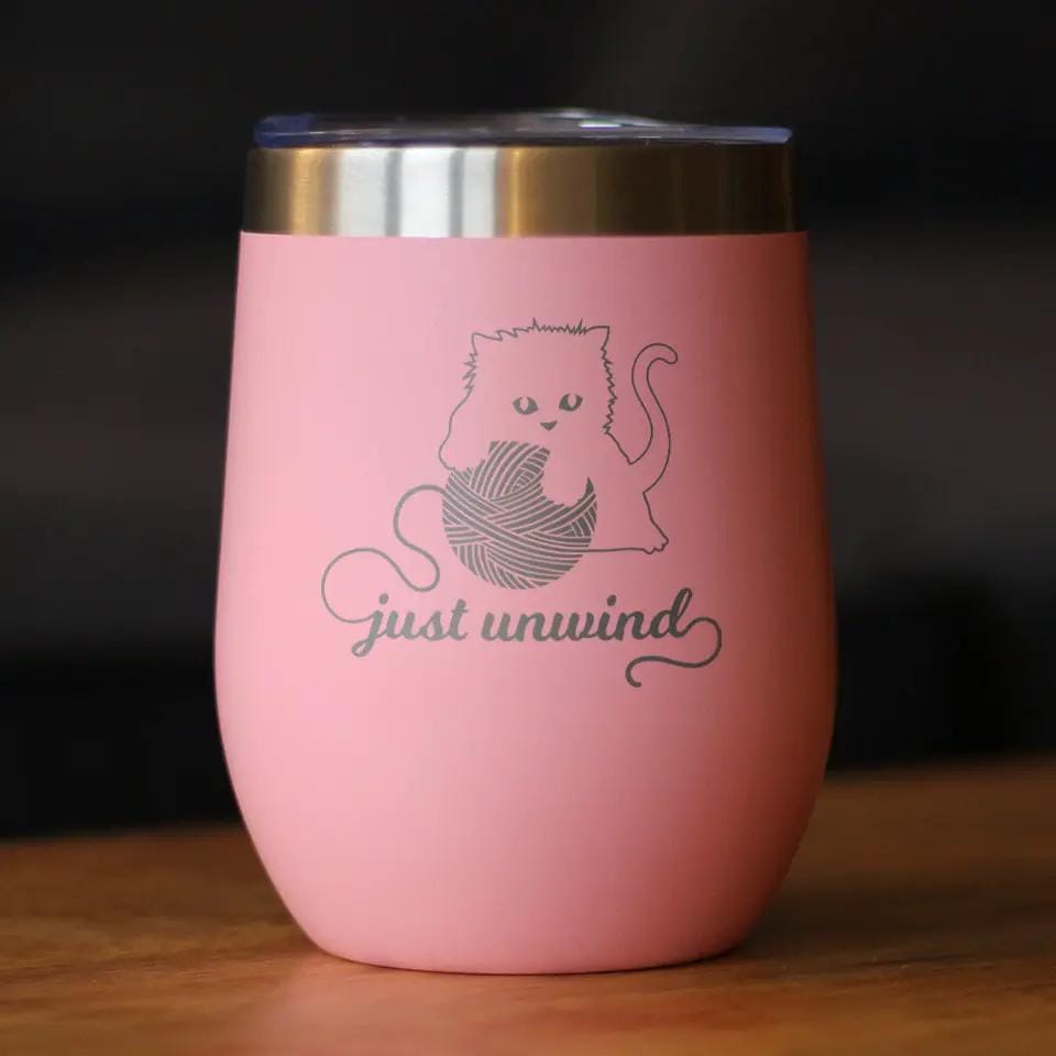 Insulated Stemless Wine Tumbler | 12 oz Stainless Steel | Sliding Lid | Just Unwind - Cat