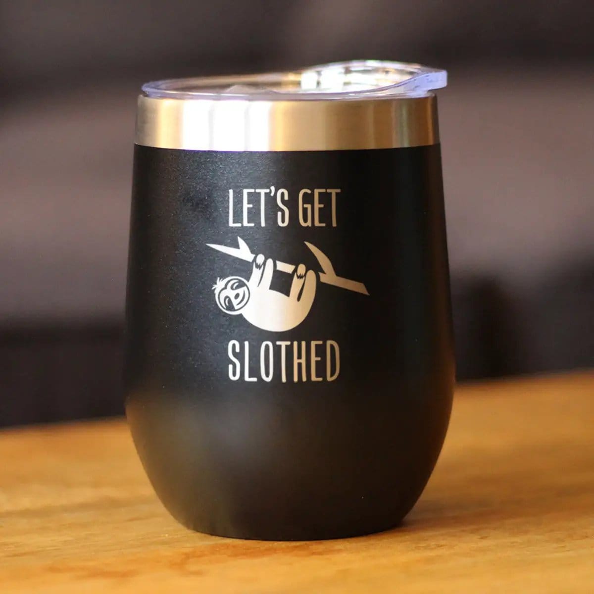 Insulated Stemless Wine Tumbler | 12 oz Stainless Steel | Sliding Lid | Let's Get Slothed