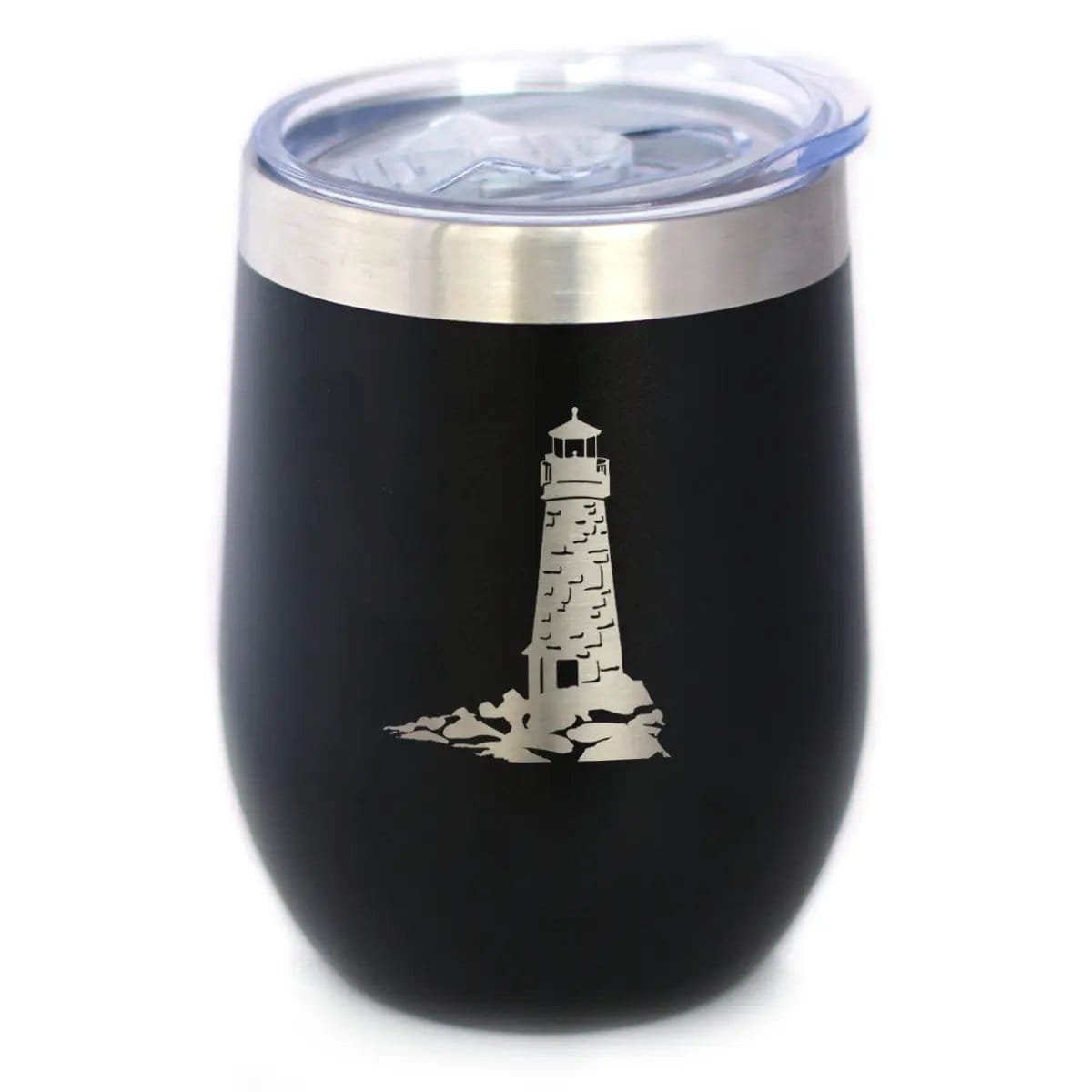 Insulated Stemless Wine Tumbler | 12 oz Stainless Steel | Sliding Lid | Lighthouse