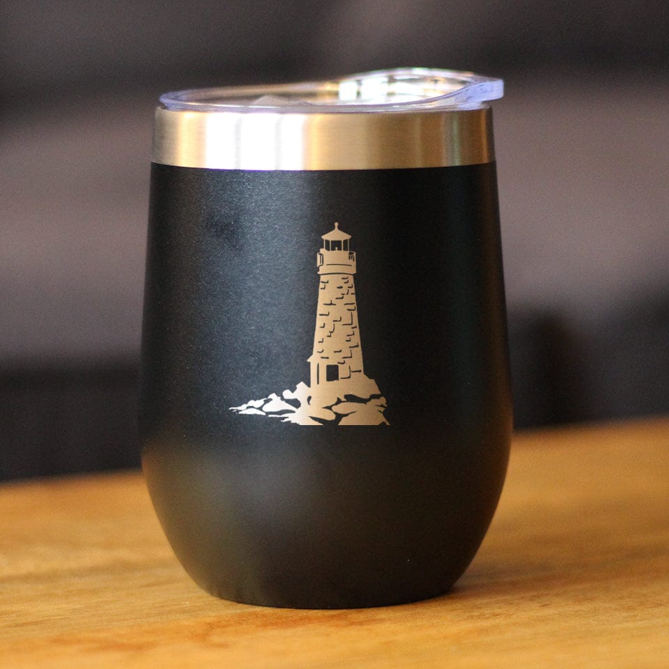Insulated Stemless Wine Tumbler | 12 oz Stainless Steel | Sliding Lid | Lighthouse