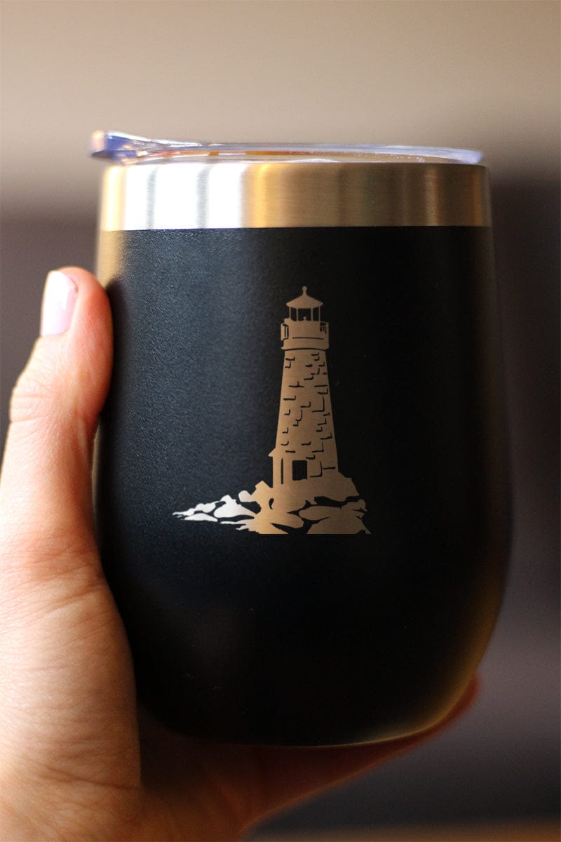 Insulated Stemless Wine Tumbler | 12 oz Stainless Steel | Sliding Lid | Lighthouse