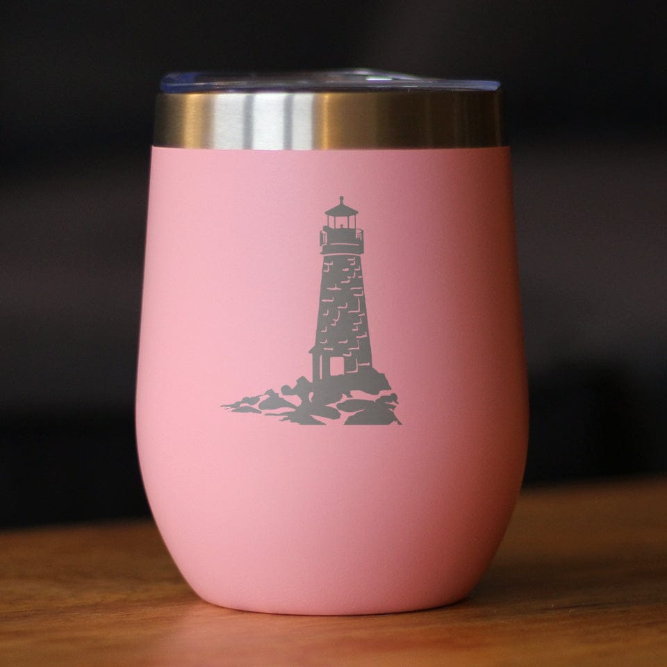 Insulated Stemless Wine Tumbler | 12 oz Stainless Steel | Sliding Lid | Lighthouse