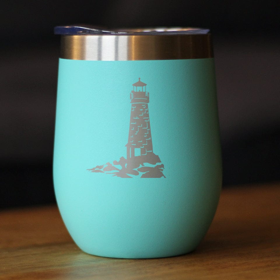 Insulated Stemless Wine Tumbler | 12 oz Stainless Steel | Sliding Lid | Lighthouse