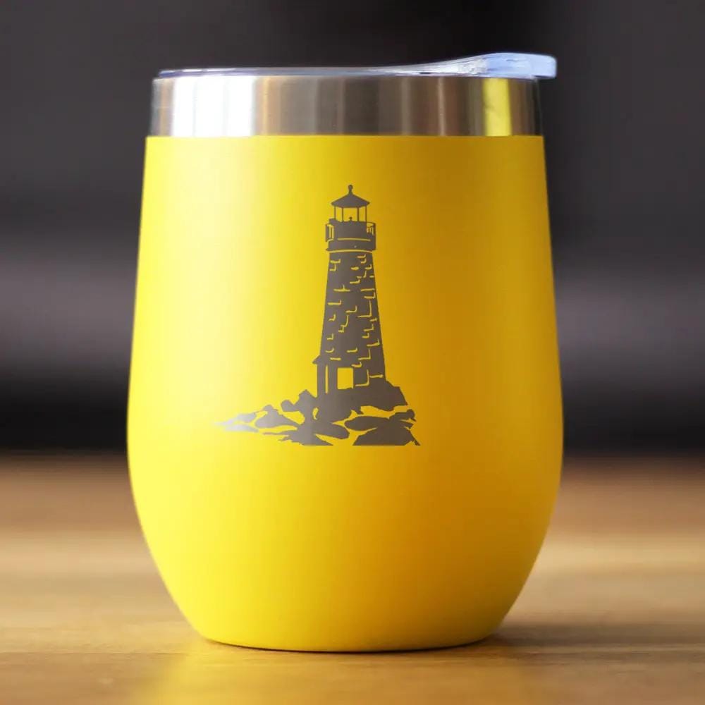 Insulated Stemless Wine Tumbler | 12 oz Stainless Steel | Sliding Lid | Lighthouse