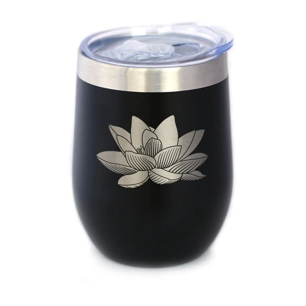 Insulated Stemless Wine Tumbler | 12 oz Stainless Steel | Sliding Lid | Lotus Flower