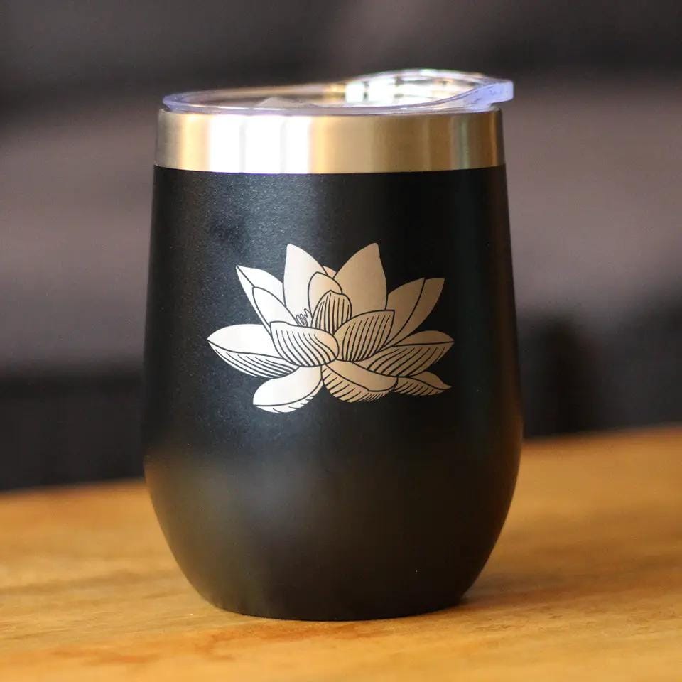 Insulated Stemless Wine Tumbler | 12 oz Stainless Steel | Sliding Lid | Lotus Flower