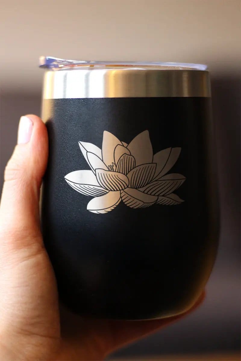 Insulated Stemless Wine Tumbler | 12 oz Stainless Steel | Sliding Lid | Lotus Flower