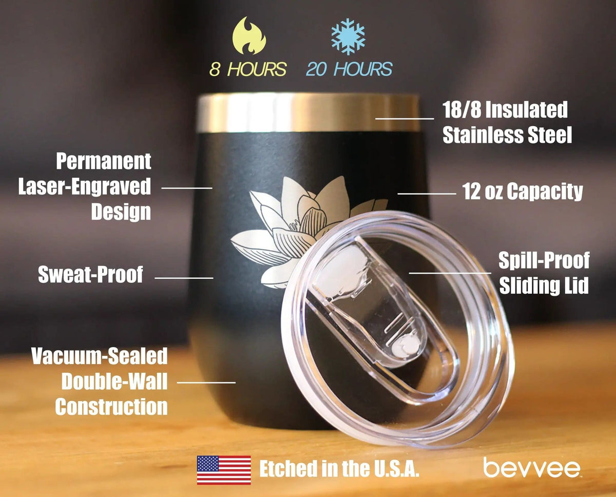 Insulated Stemless Wine Tumbler | 12 oz Stainless Steel | Sliding Lid | Lotus Flower