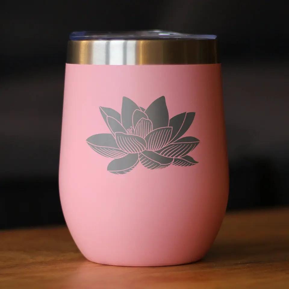 Insulated Stemless Wine Tumbler | 12 oz Stainless Steel | Sliding Lid | Lotus Flower