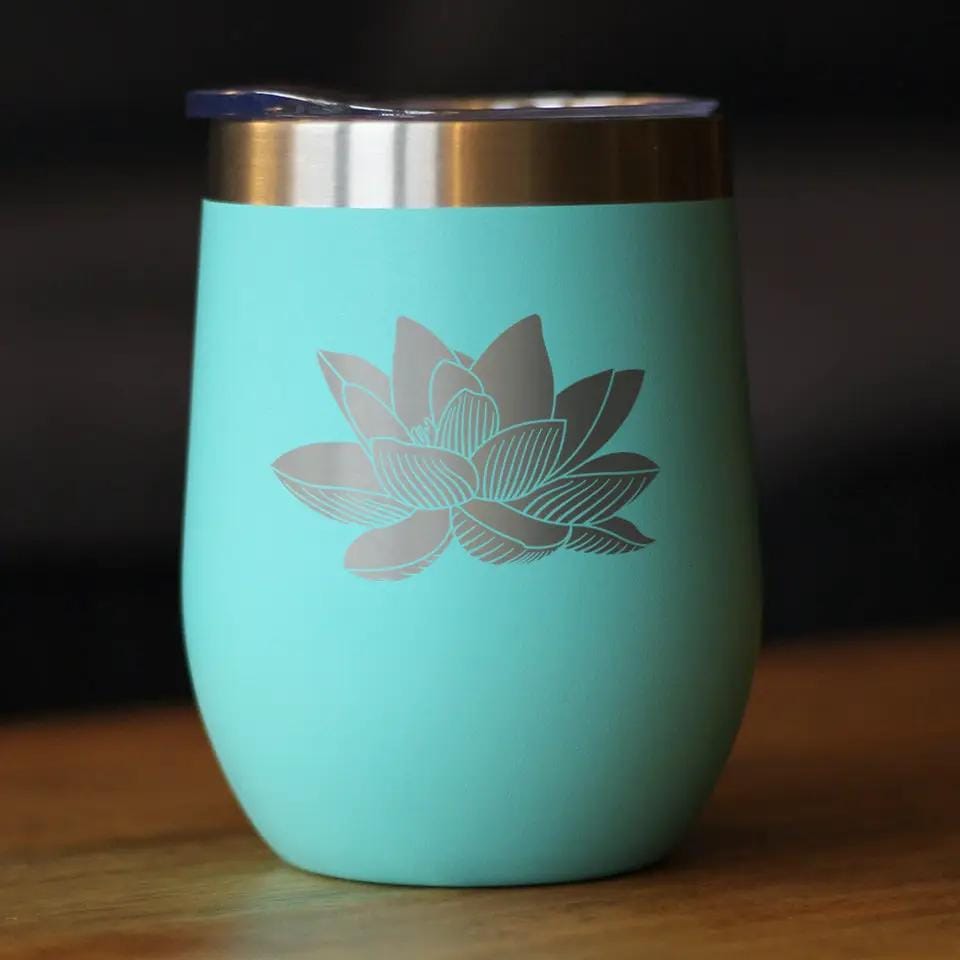 Insulated Stemless Wine Tumbler | 12 oz Stainless Steel | Sliding Lid | Lotus Flower