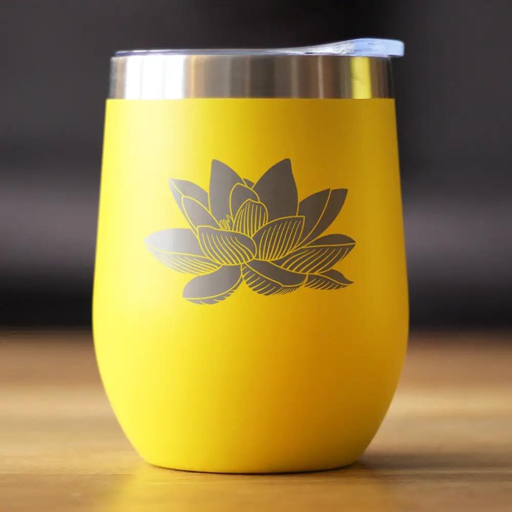 Insulated Stemless Wine Tumbler | 12 oz Stainless Steel | Sliding Lid | Lotus Flower
