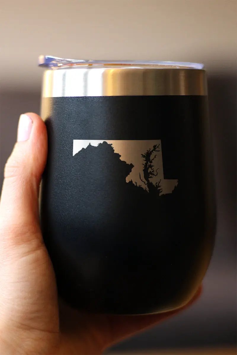 Maryland State Outline Wine Tumbler | 12 Oz | Double Wall Stainless Steel | Sliding Lid