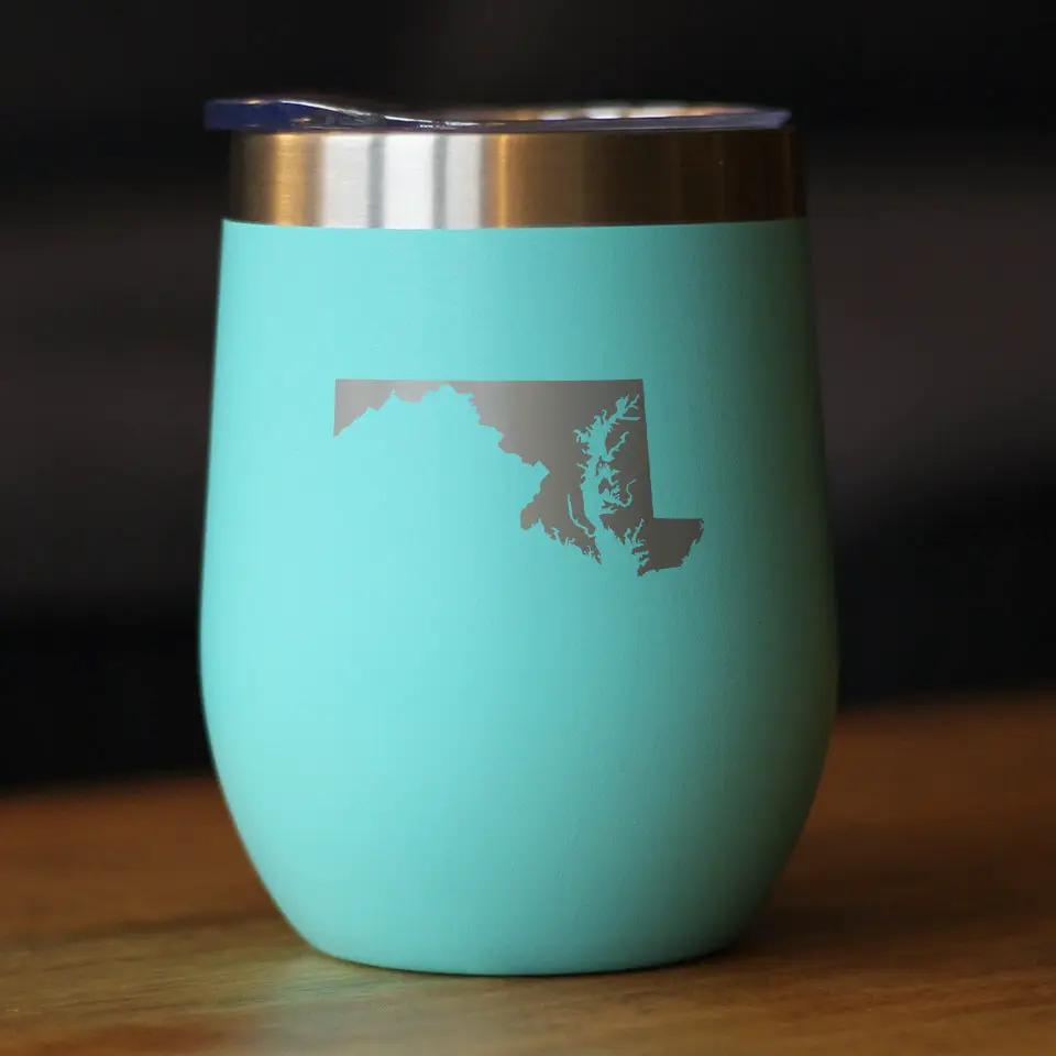 Maryland State Outline Wine Tumbler | 12 Oz | Double Wall Stainless Steel | Sliding Lid