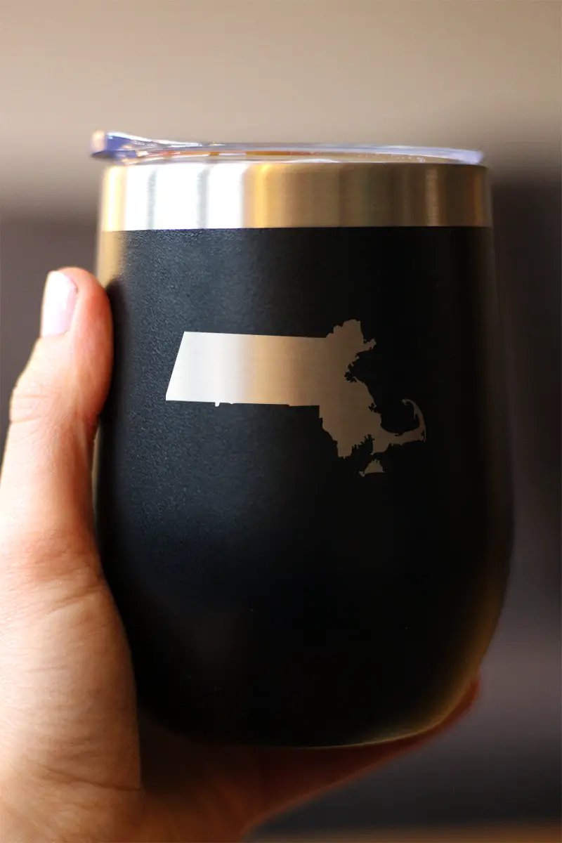 Massachusetts State Outline Wine Tumbler | 12 Oz | Double Wall Stainless Steel | Sliding Lid