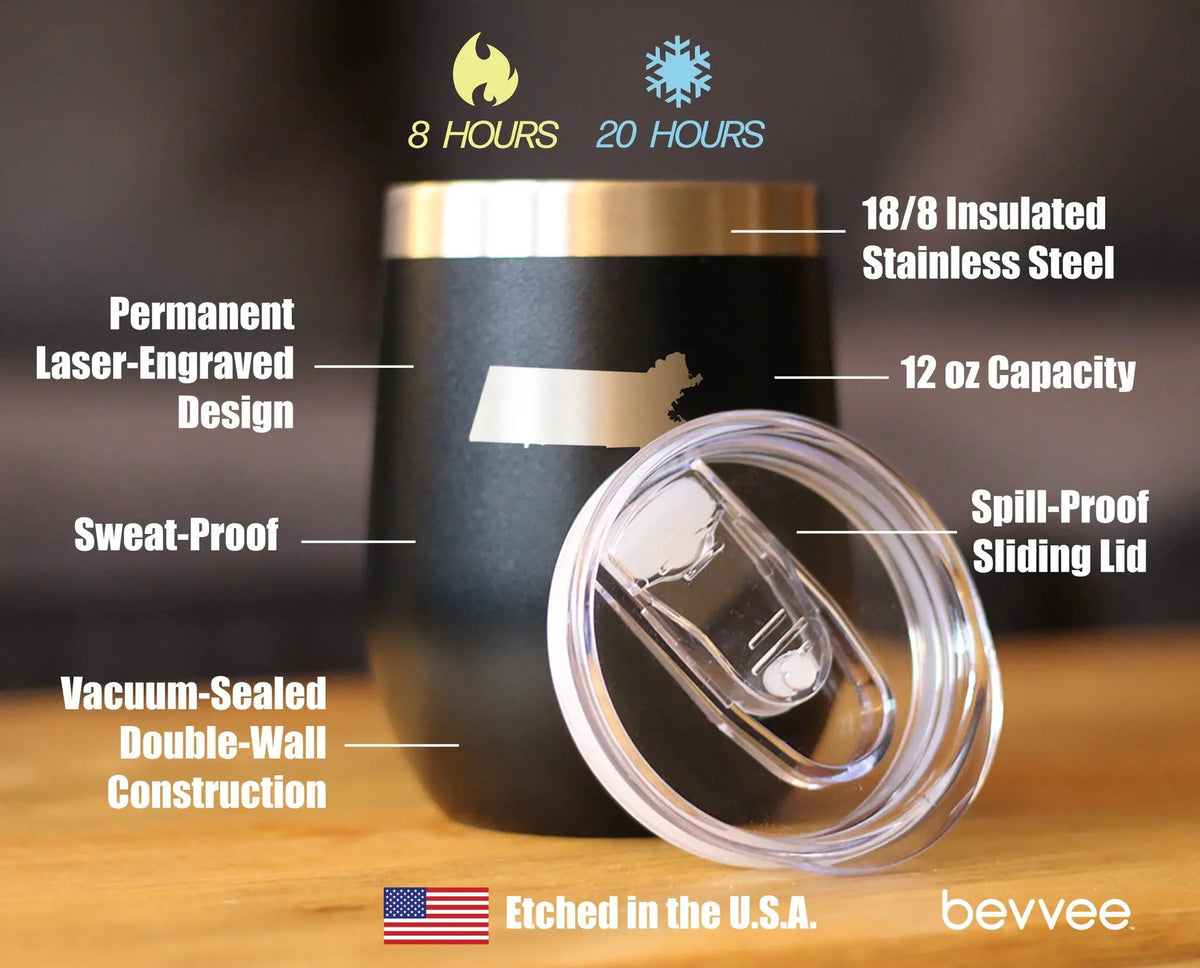 Massachusetts State Outline Wine Tumbler | 12 Oz | Double Wall Stainless Steel | Sliding Lid