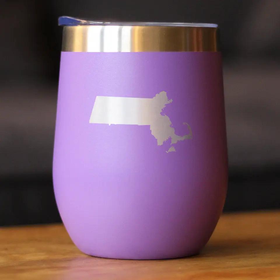 Massachusetts State Outline Wine Tumbler | 12 Oz | Double Wall Stainless Steel | Sliding Lid