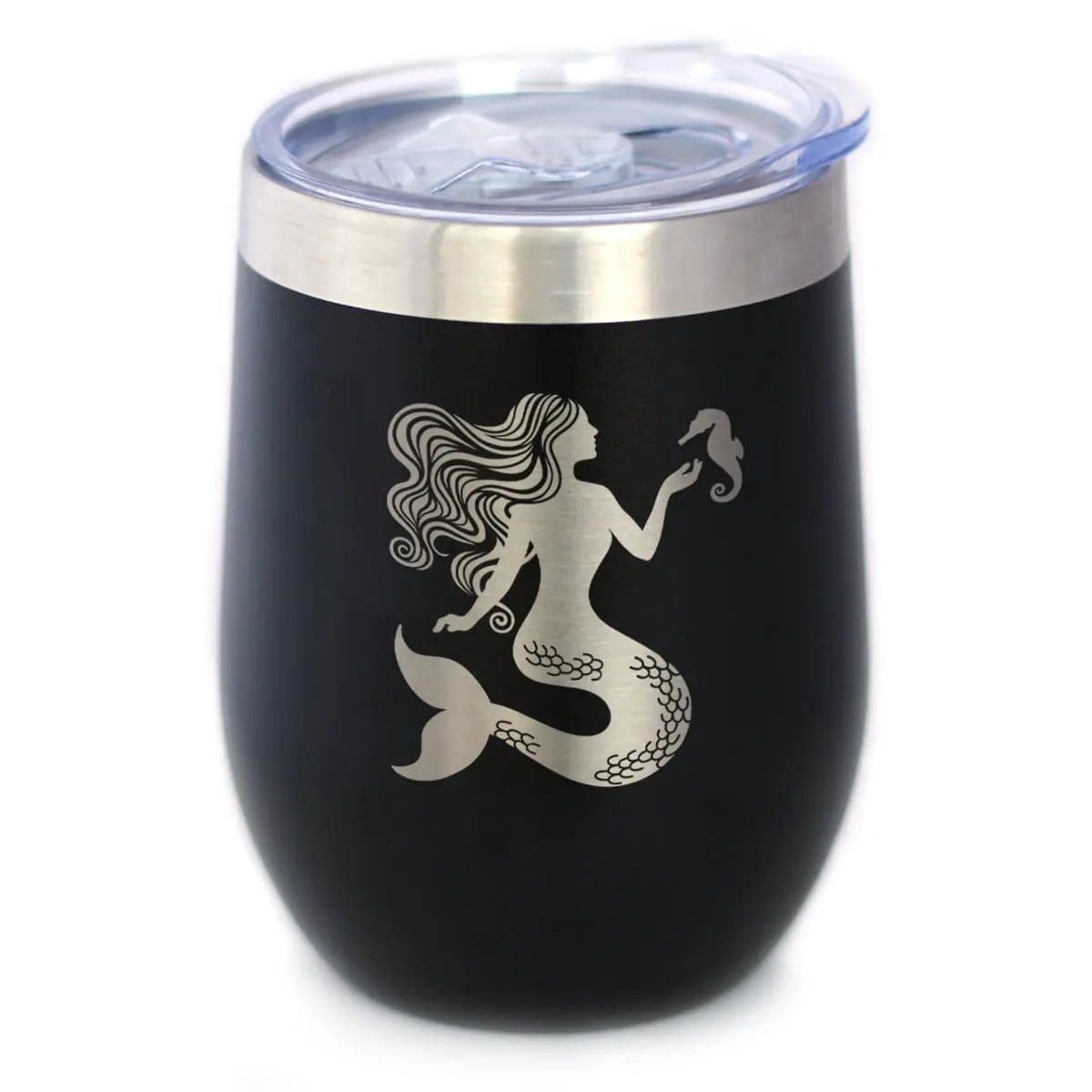 Insulated Stemless Wine Tumbler | 12 oz Stainless Steel | Sliding Lid | Mermaid