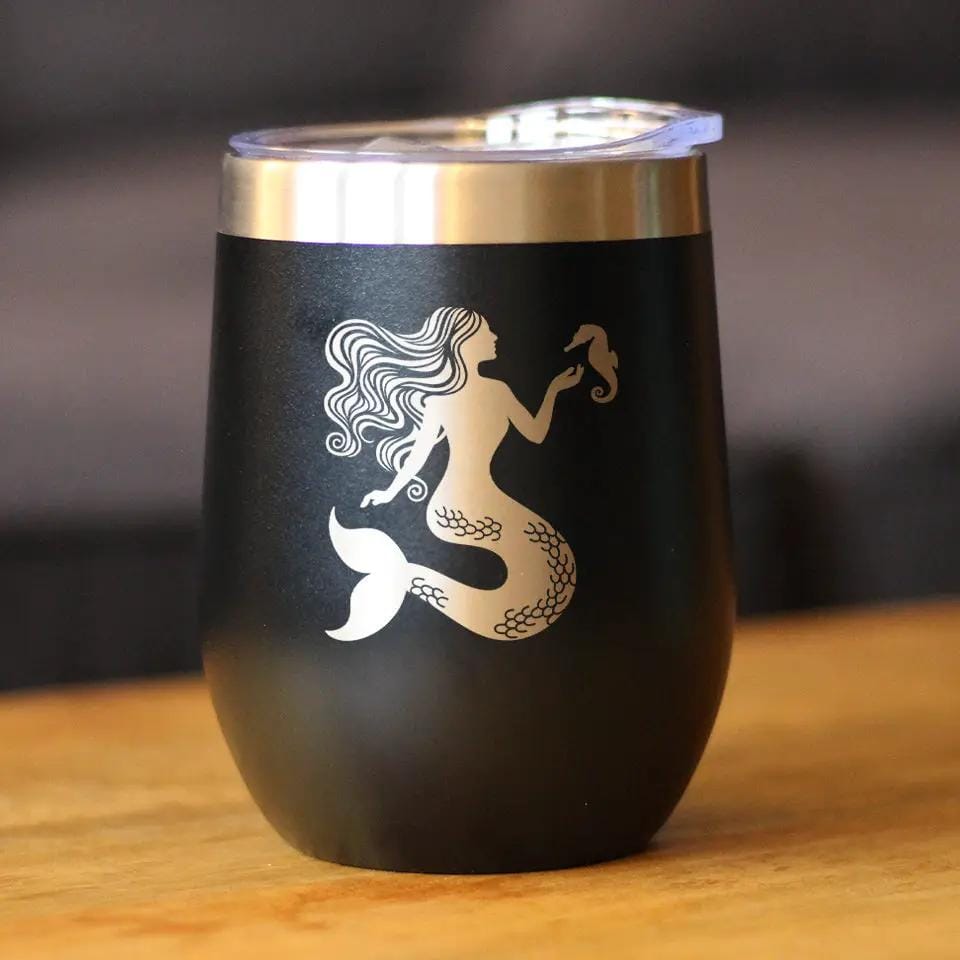 Insulated Stemless Wine Tumbler | 12 oz Stainless Steel | Sliding Lid | Mermaid