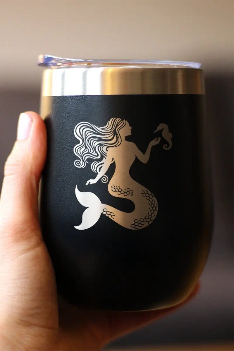Insulated Stemless Wine Tumbler | 12 oz Stainless Steel | Sliding Lid | Mermaid