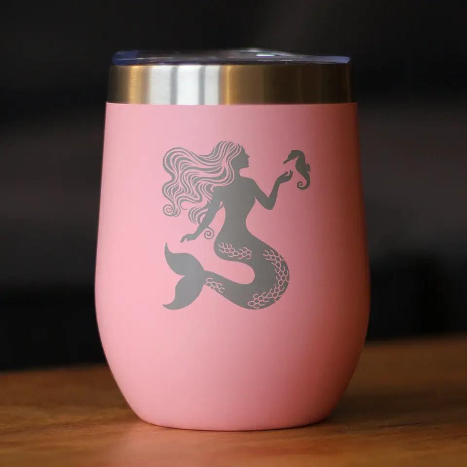 Insulated Stemless Wine Tumbler | 12 oz Stainless Steel | Sliding Lid | Mermaid