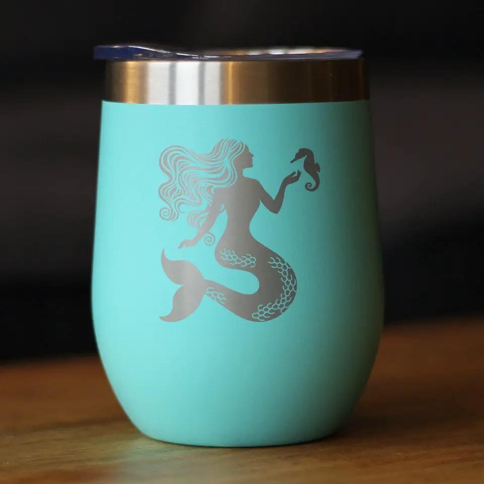 Insulated Stemless Wine Tumbler | 12 oz Stainless Steel | Sliding Lid | Mermaid