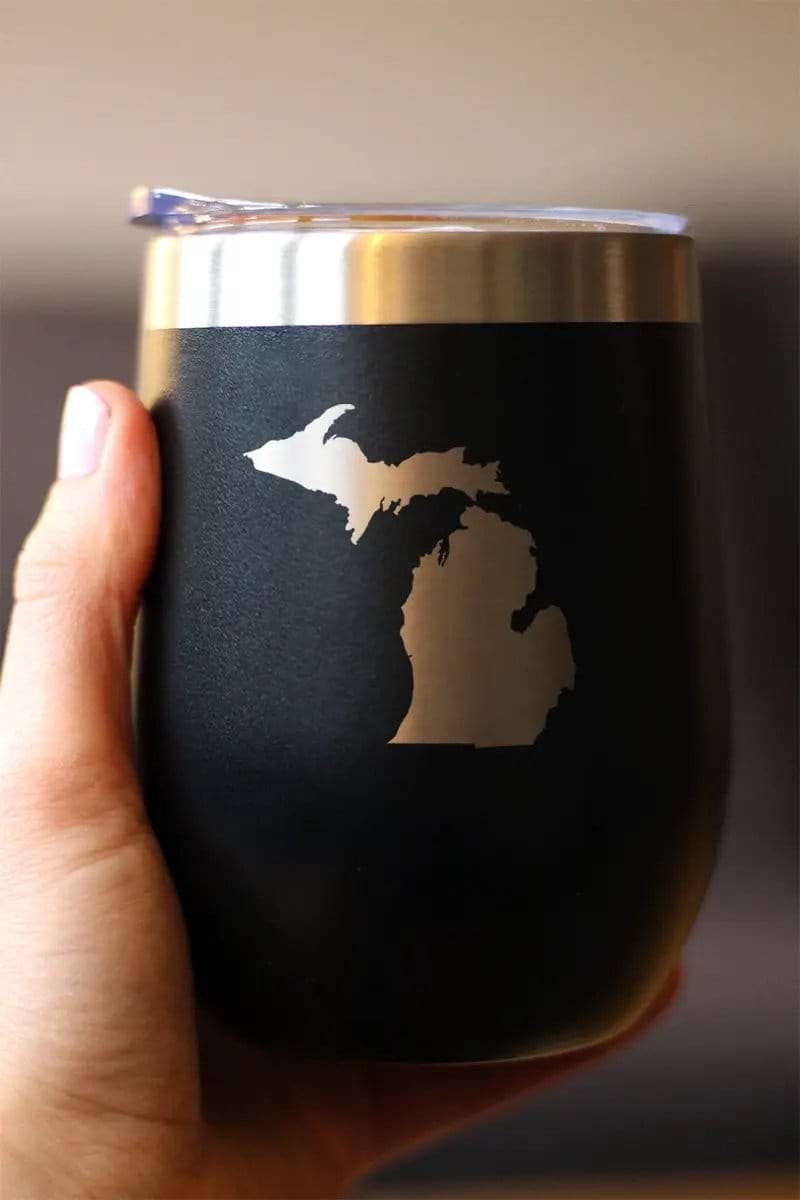 Insulated Stemless Wine Tumbler | 12 oz Stainless Steel | Sliding Lid | Michigan State Outline
