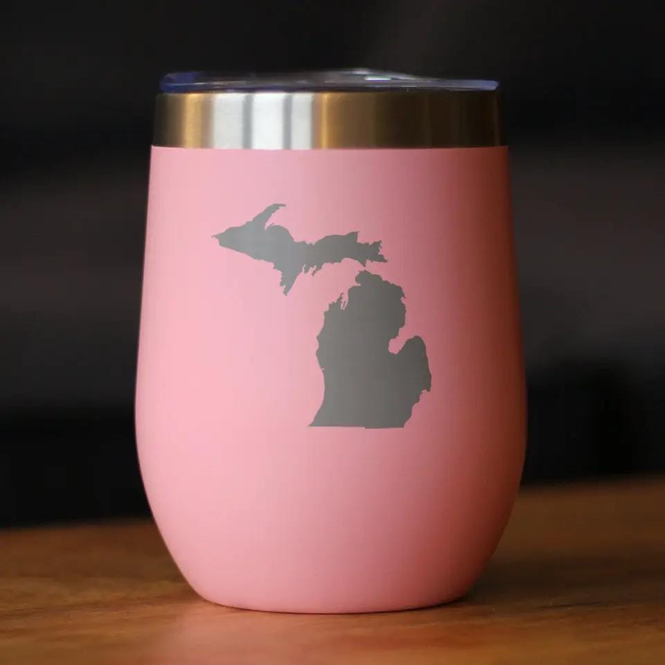 Insulated Stemless Wine Tumbler | 12 oz Stainless Steel | Sliding Lid | Michigan State Outline