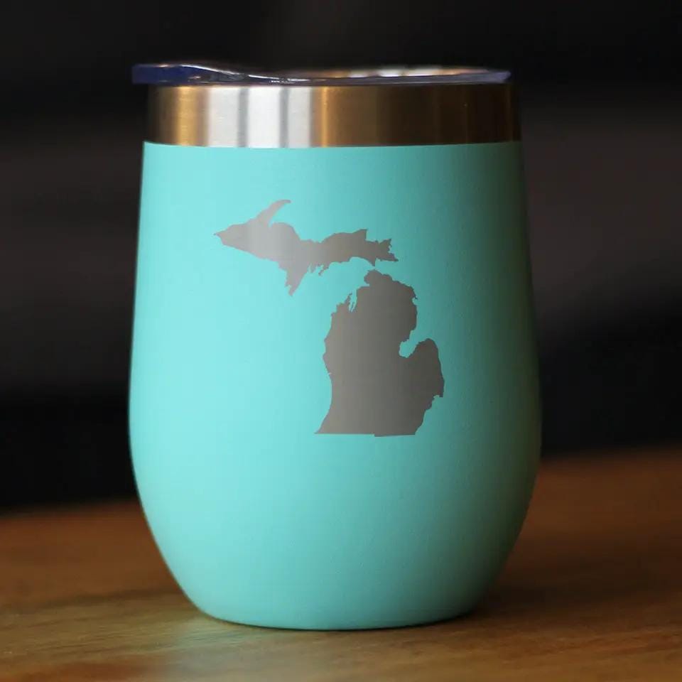 Insulated Stemless Wine Tumbler | 12 oz Stainless Steel | Sliding Lid | Michigan State Outline