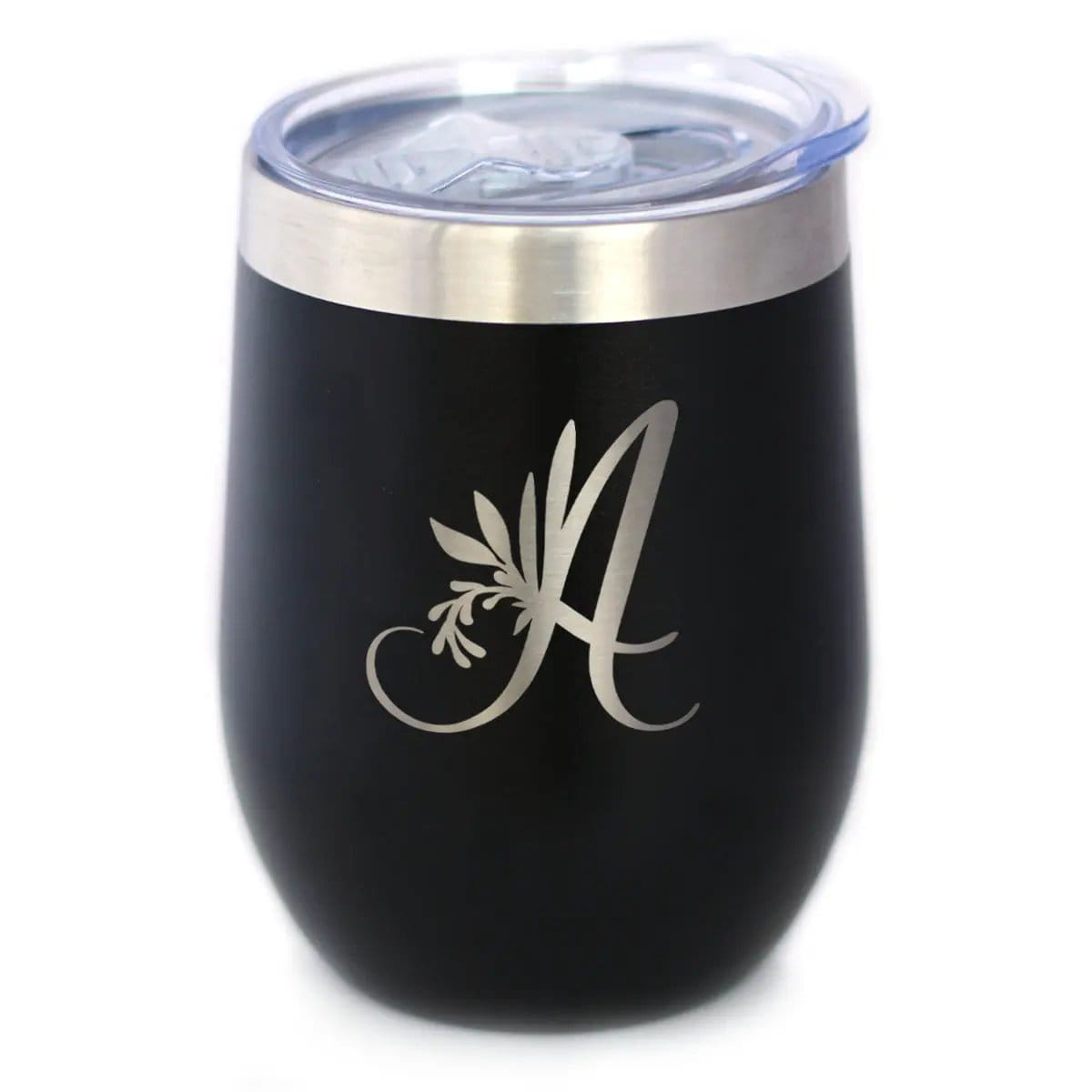 Insulated Stemless Wine Tumbler | 12 oz Stainless Steel | Sliding Lid | Monogram Floral Initial Letter A