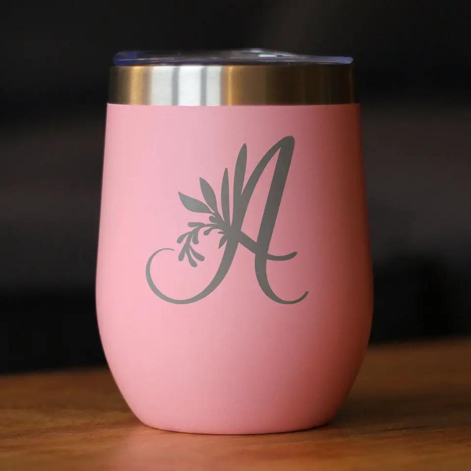 Insulated Stemless Wine Tumbler | 12 oz Stainless Steel | Sliding Lid | Monogram Floral Initial Letter A