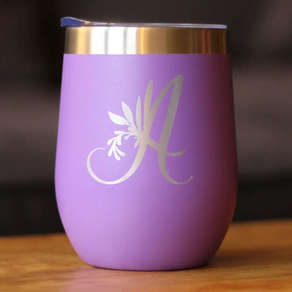 Insulated Stemless Wine Tumbler | 12 oz Stainless Steel | Sliding Lid | Monogram Floral Initial Letter A