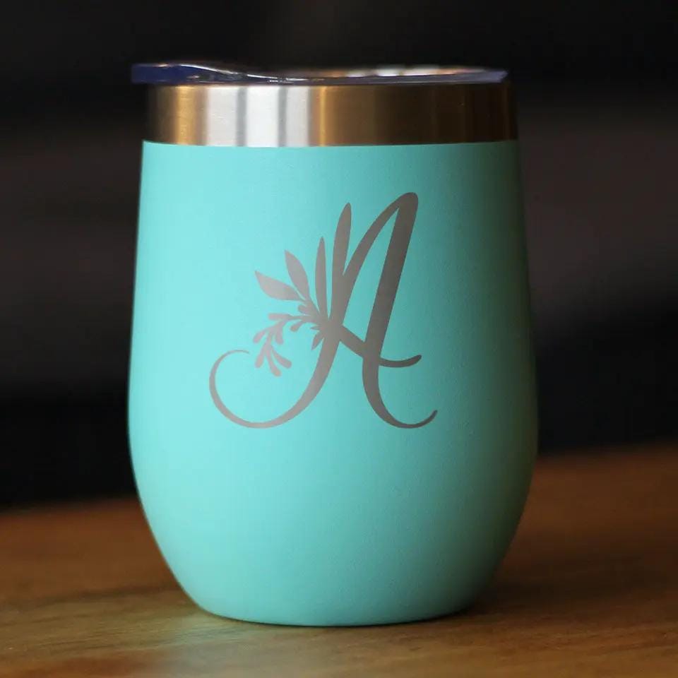 Insulated Stemless Wine Tumbler | 12 oz Stainless Steel | Sliding Lid | Monogram Floral Initial Letter A