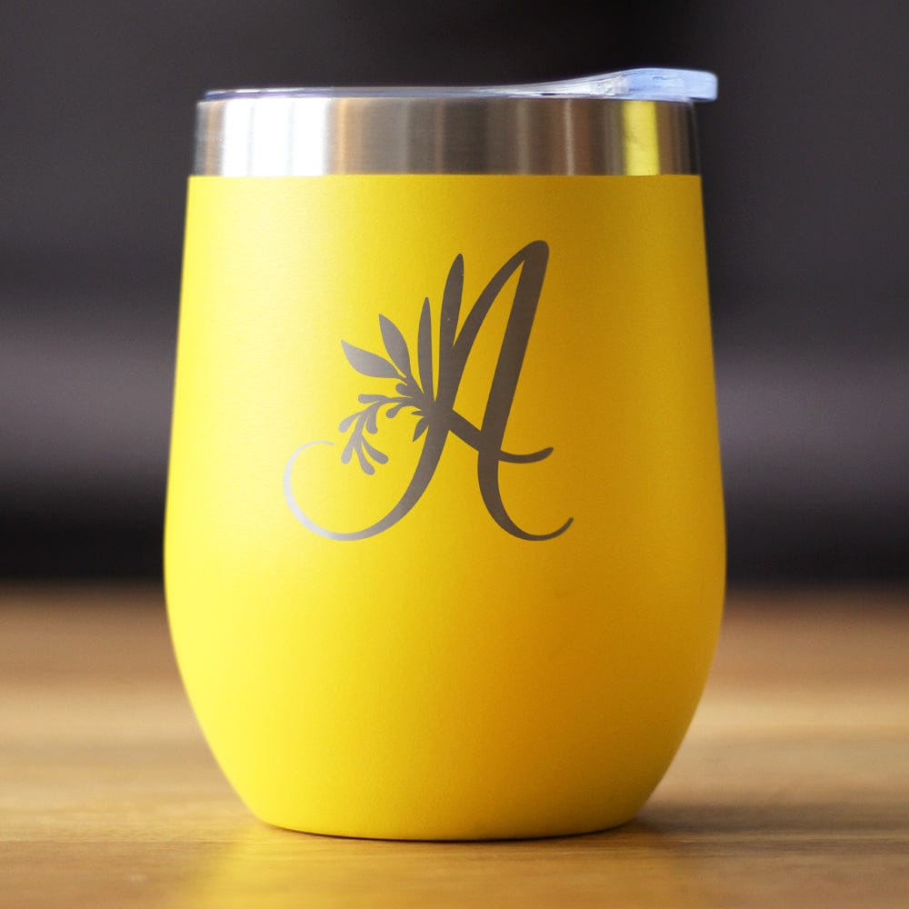 Insulated Stemless Wine Tumbler | 12 oz Stainless Steel | Sliding Lid | Monogram Floral Initial Letter A