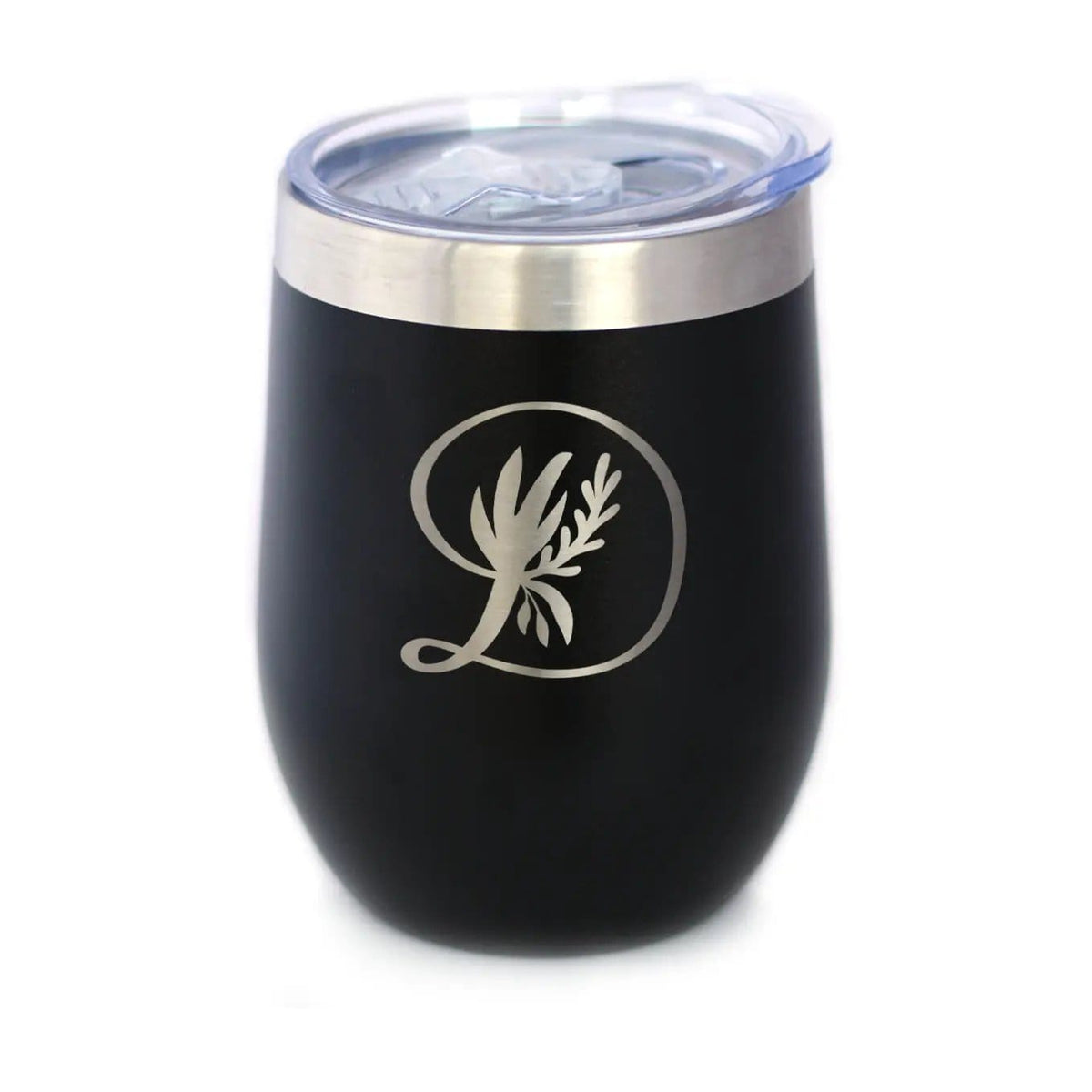 Insulated Stemless Wine Tumbler | 12 oz Stainless Steel | Sliding Lid | Monogram Floral Initial Letter D