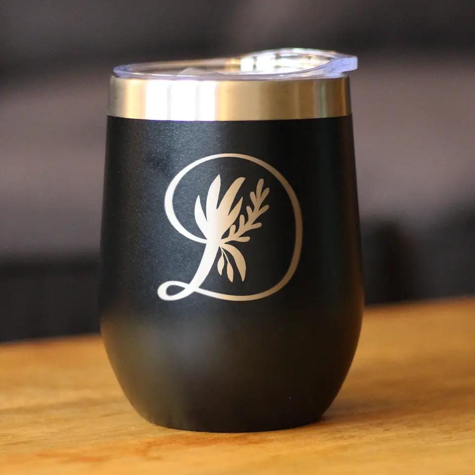 Insulated Stemless Wine Tumbler | 12 oz Stainless Steel | Sliding Lid | Monogram Floral Initial Letter D