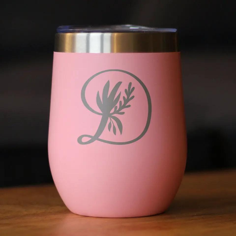 Insulated Stemless Wine Tumbler | 12 oz Stainless Steel | Sliding Lid | Monogram Floral Initial Letter D