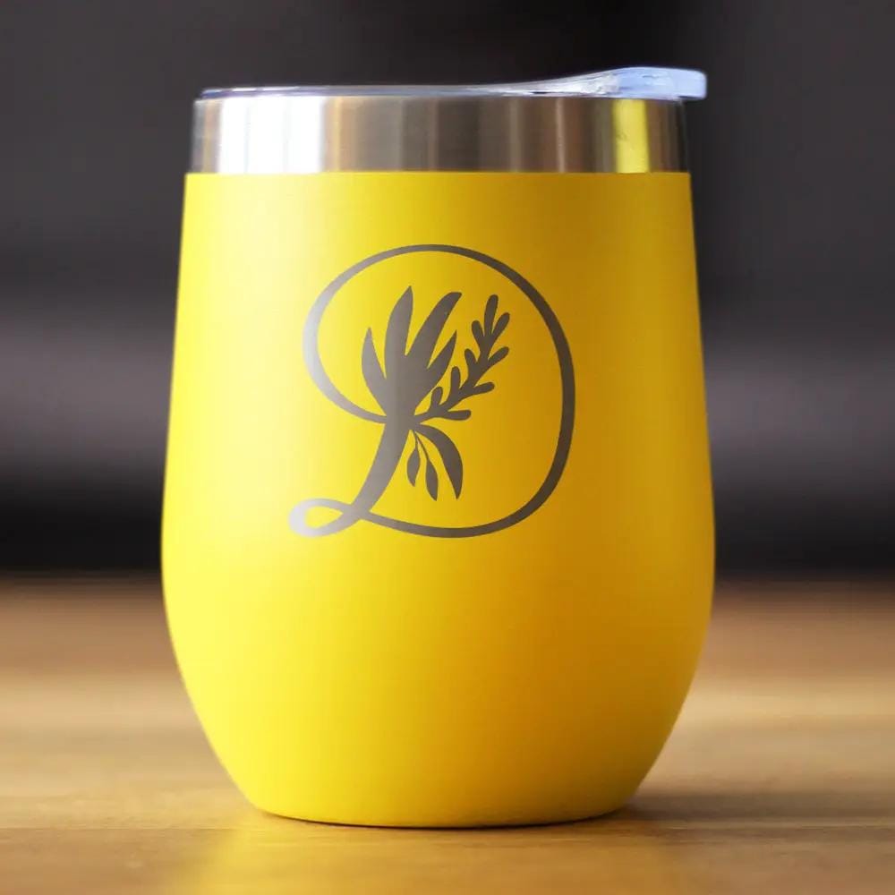 Insulated Stemless Wine Tumbler | 12 oz Stainless Steel | Sliding Lid | Monogram Floral Initial Letter D